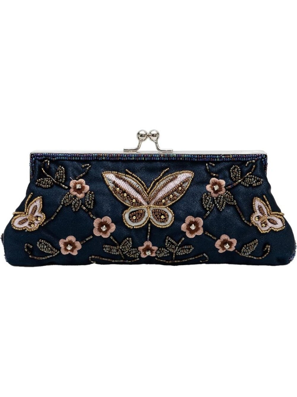 Womens Navy Blue Beaded Butterfly Embroidered Kiss Lock Frame Clutch Evening Bag